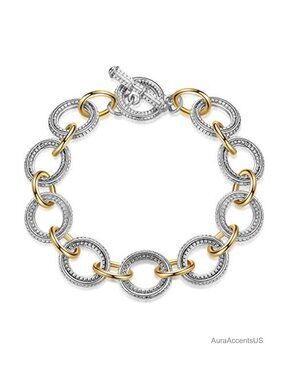 Chunky Chain Link Bracelet Two-Tone Mixed Metal Textured Toggle Clasp Bangle